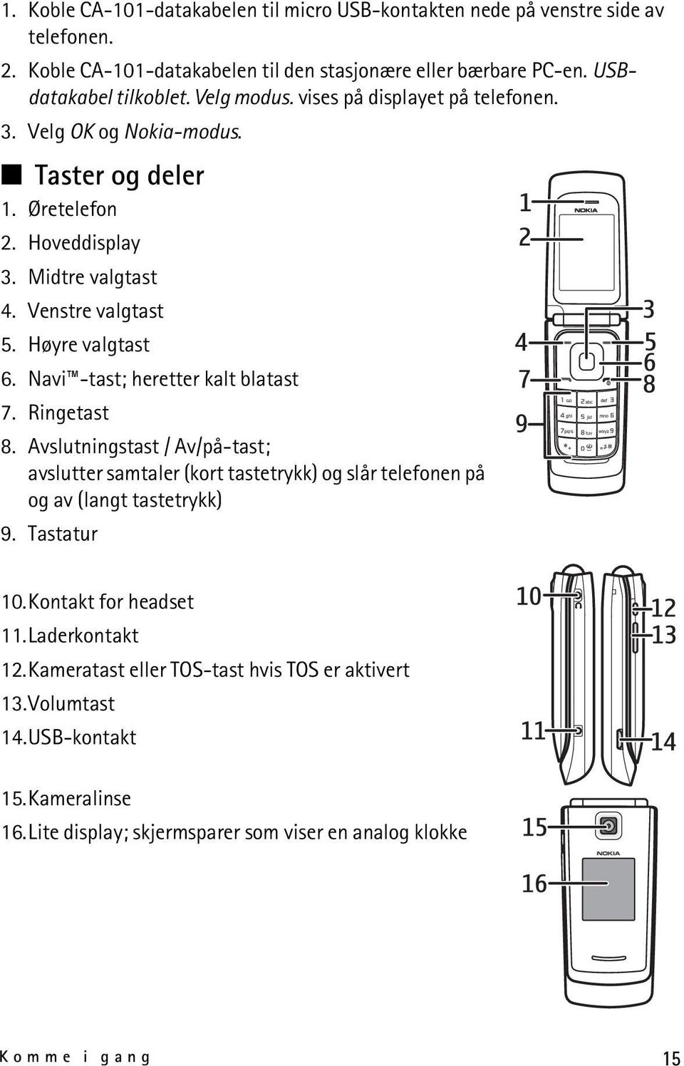 Navi -tast; heretter kalt blatast 7. Ringetast 8. Avslutningstast / Av/på-tast; avslutter samtaler (kort tastetrykk) og slår telefonen på og av (langt tastetrykk) 9. Tastatur 10.