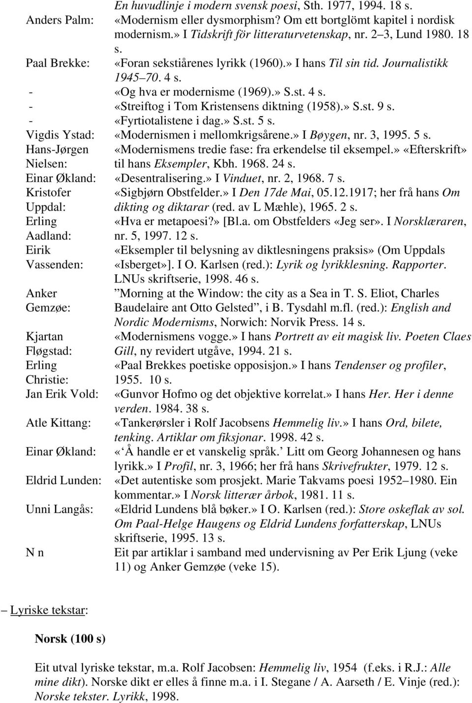 » S.st. 9 s. - «Fyrtiotalistene i dag.» S.st. 5 s. Vigdis Ystad: «Modernismen i mellomkrigsårene.» I Bøygen, nr. 3, 1995. 5 s. Hans-Jørgen «Modernismens tredie fase: fra erkendelse til eksempel.