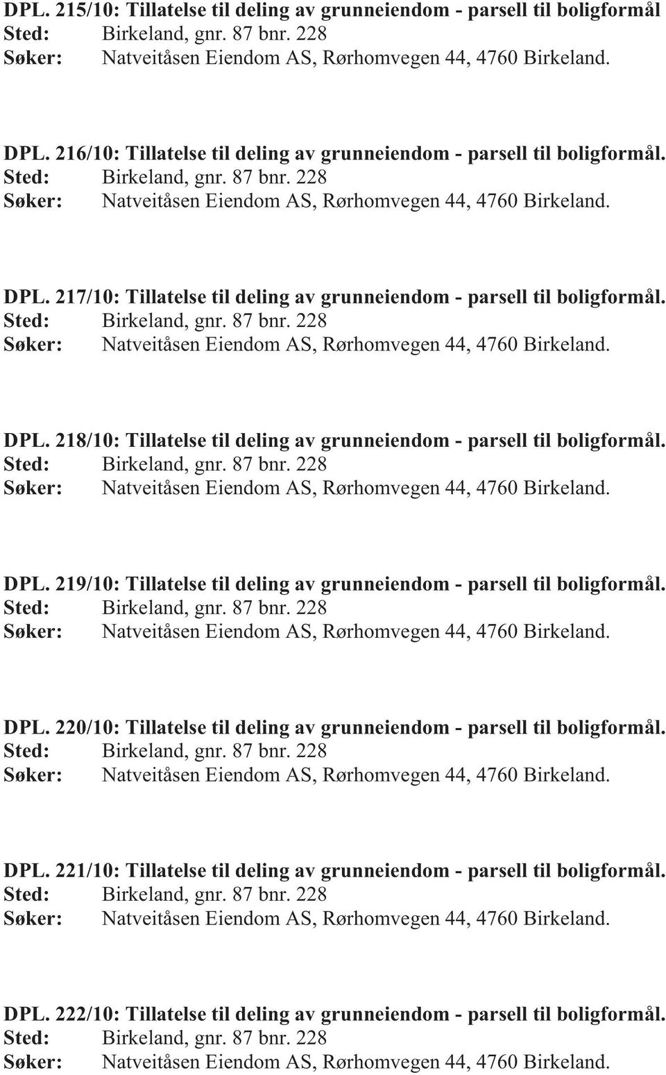 217/10: Tillatelse til deling av grunneiendom - parsell til boligformål. Sted: Birkeland, gnr. 87 bnr. 228 Søker: Natveitåsen Eiendom AS, Rørhomvegen 44, 4760 Birkeland. DPL.