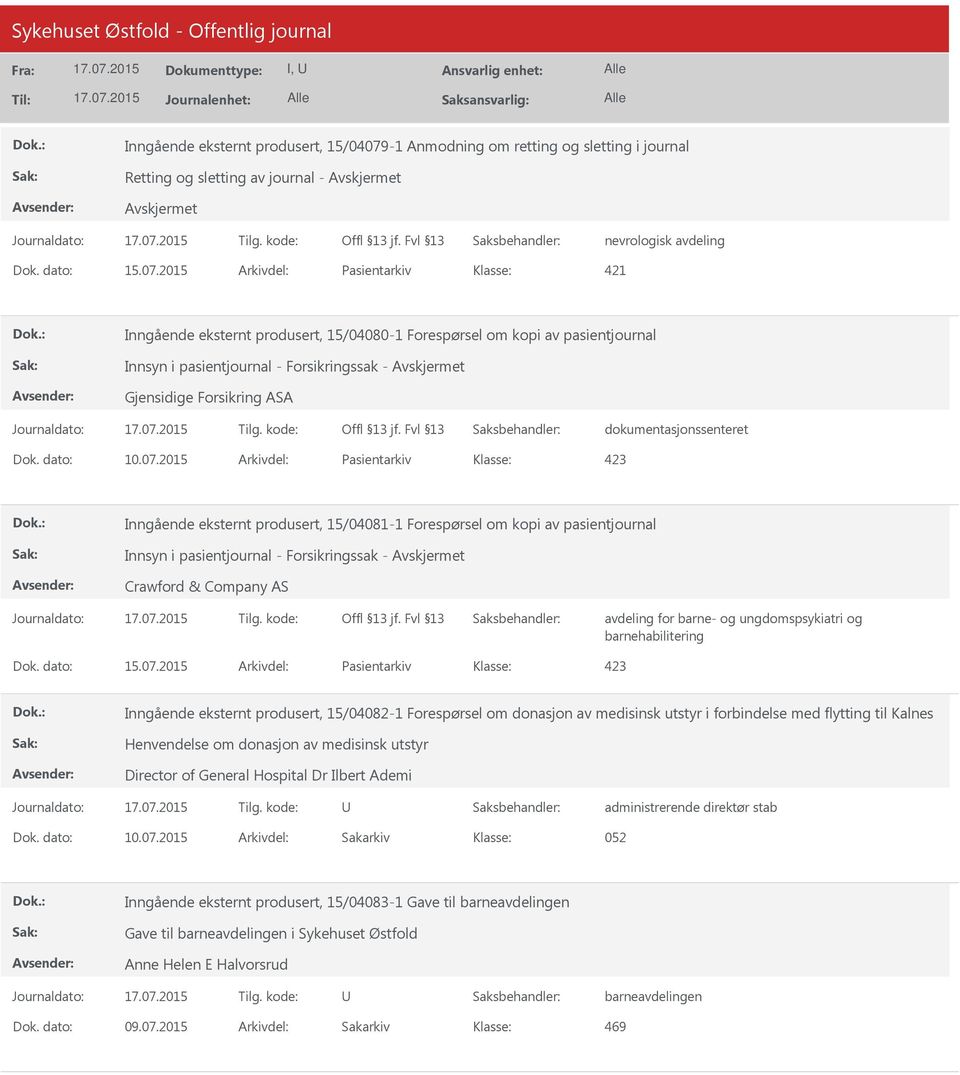 2015 Arkivdel: Pasientarkiv 421 Inngående eksternt produsert, 15/04080-1 Forespørsel om kopi av pasientjournal Innsyn i pasientjournal - Forsikringssak - Gjensidige Forsikring ASA