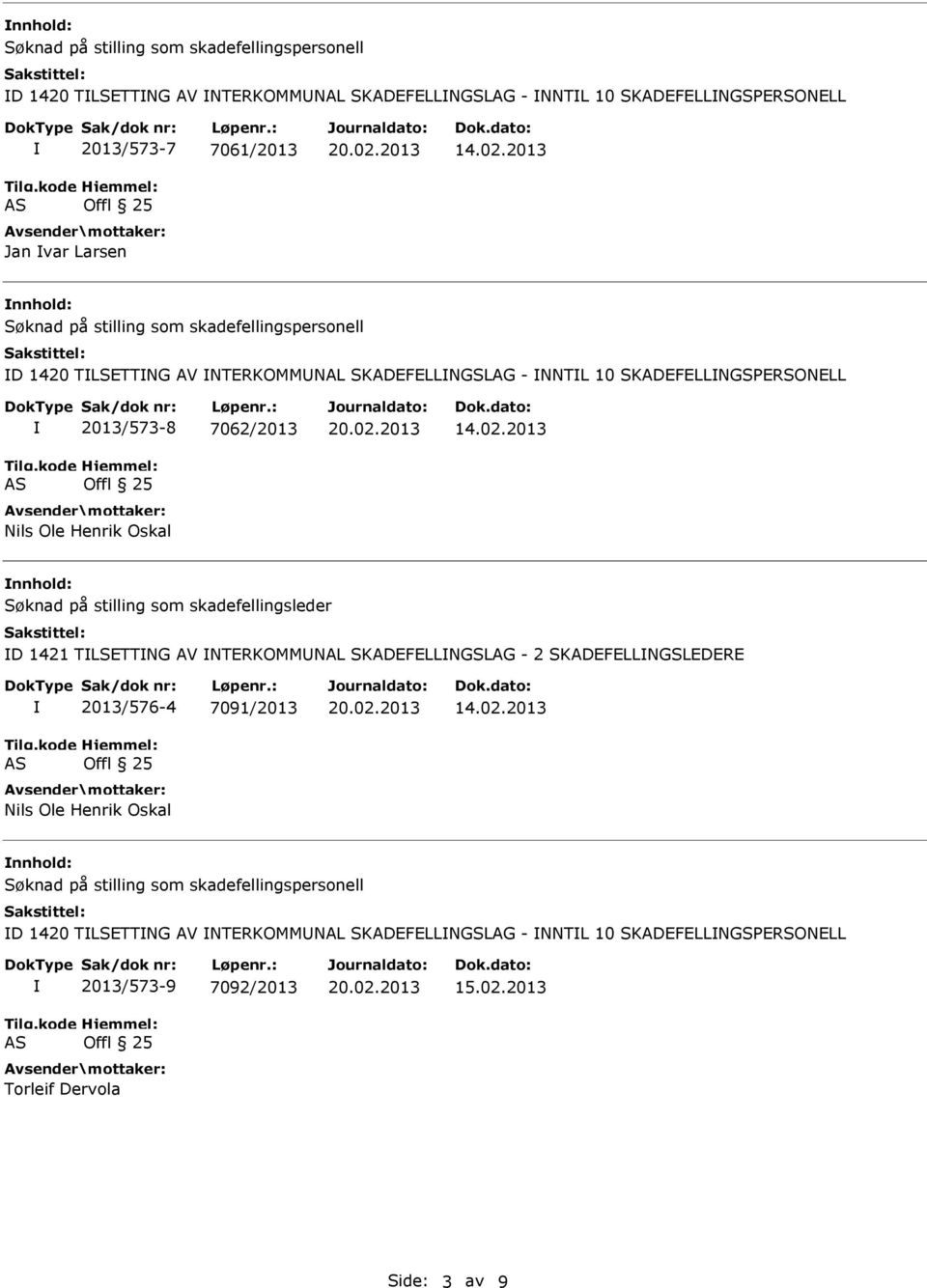 2013 nnhold: Søknad på stilling som skadefellingsleder D 1421 TLSETTNG AV NTERKOMMNAL SKADEFELLNGSLAG - 2 SKADEFELLNGSLEDERE 2013/576-4 7091/2013