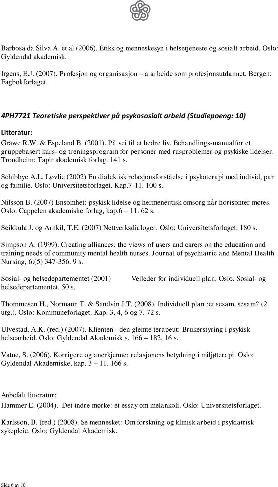 Behandlings-manualfor et gruppebasert kurs- og treningsprogram for personer med rusproblemer og psykiske lidelser. Trondheim: Tapir akademisk forlag. 141 s. Schibbye A.L.