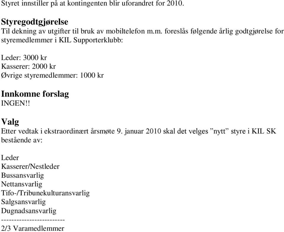 m. foreslås følgende årlig godtgjørelse for styremedlemmer i KIL Supporterklubb: Leder: 3000 kr Kasserer: 2000 kr Øvrige styremedlemmer: 1000