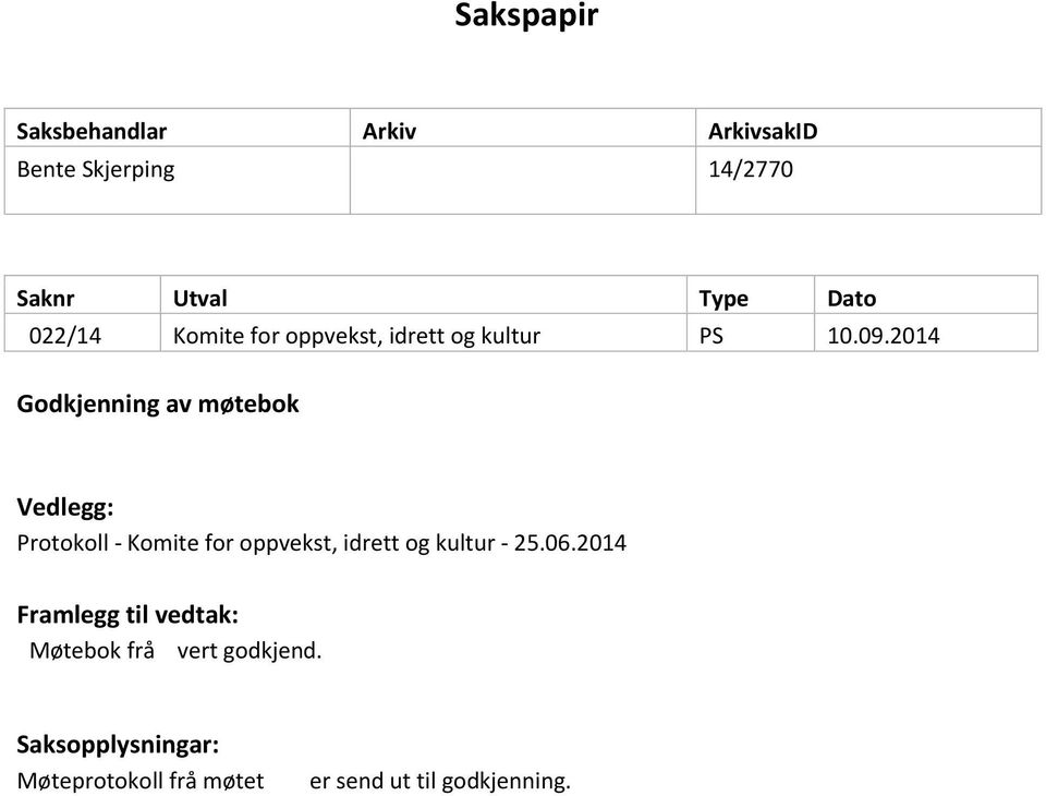 2014 Godkjenning av møtebok Vedlegg: Protokoll - Komite for oppvekst, idrett og kultur -