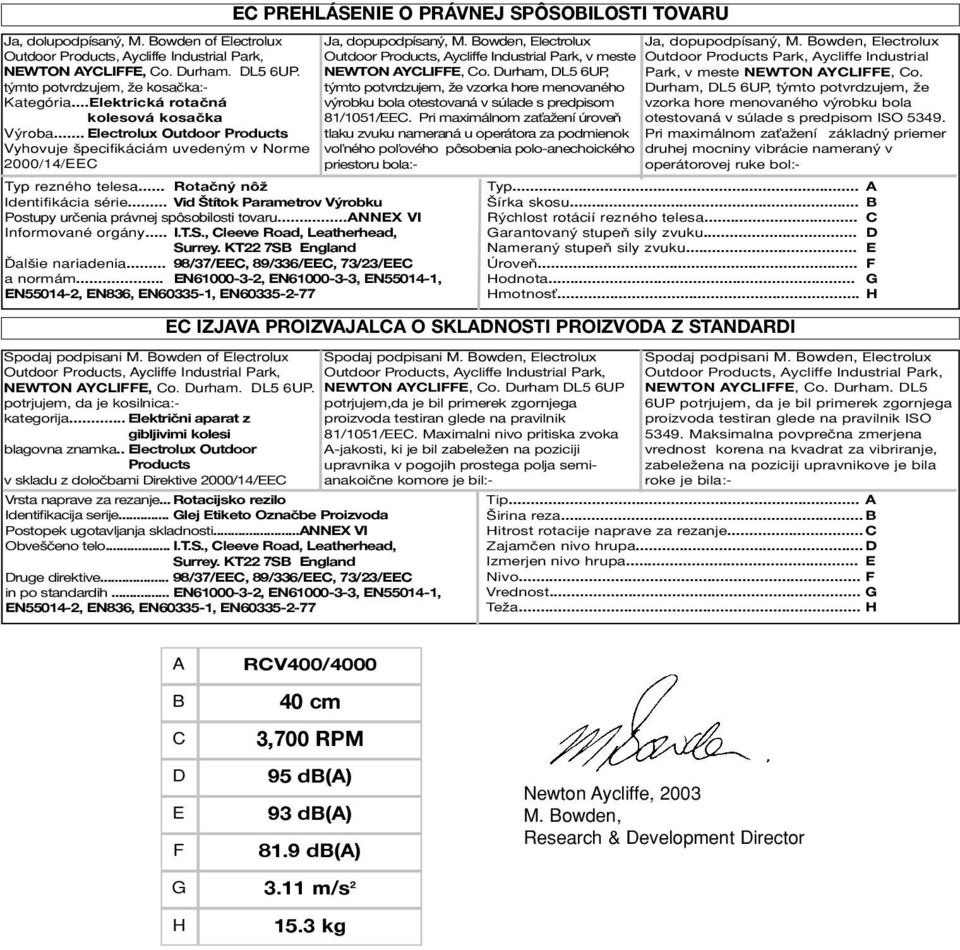 .. Vid Štítok Parametrov Výrobku Postupy určenia právnej spôsobilosti tovaru...annex VI Informované orgány... I.T.S., Cleeve Road, Leatherhead, Ďalšie nariadenia.