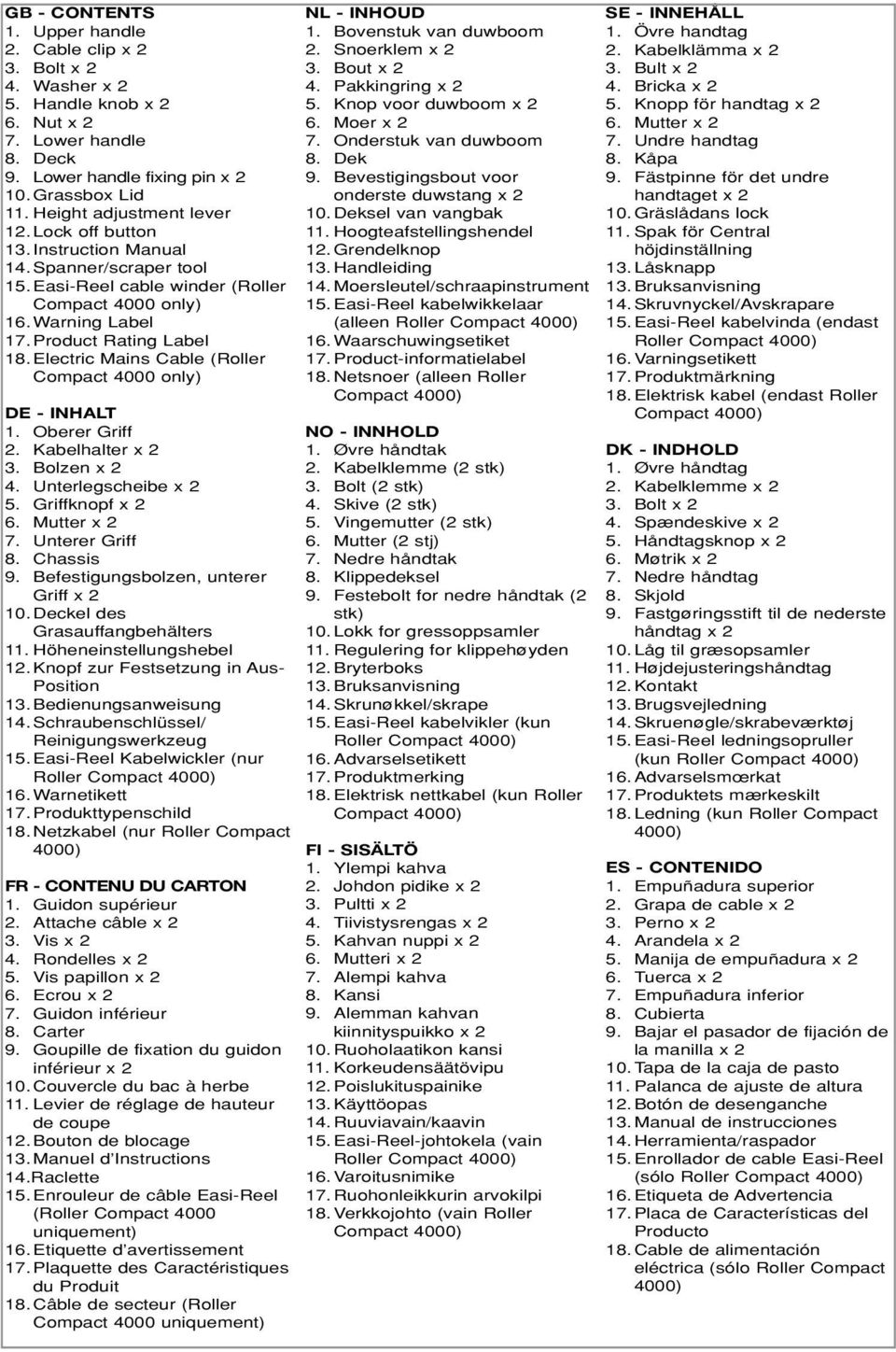 Electric Mains Cable (Roller Compact 4000 only) DE - INHALT 1. Oberer Griff 2. Kabelhalter x 2 3. Bolzen x 2 4. Unterlegscheibe x 2 5. Griffknopf x 2 6. Mutter x 2 7. Unterer Griff 8. Chassis 9.