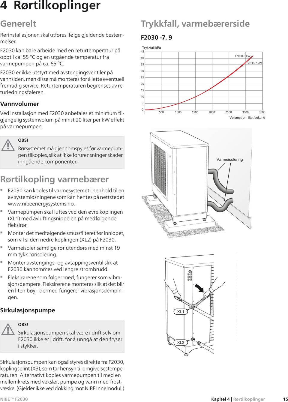 Returtemperaturen begrenses av returledningsføleren. Vannvolumer Ved installasjon med F2030 anbefales et minimum tilgjengelig systemvolum på minst 20 liter per kw effekt på varmepumpen.