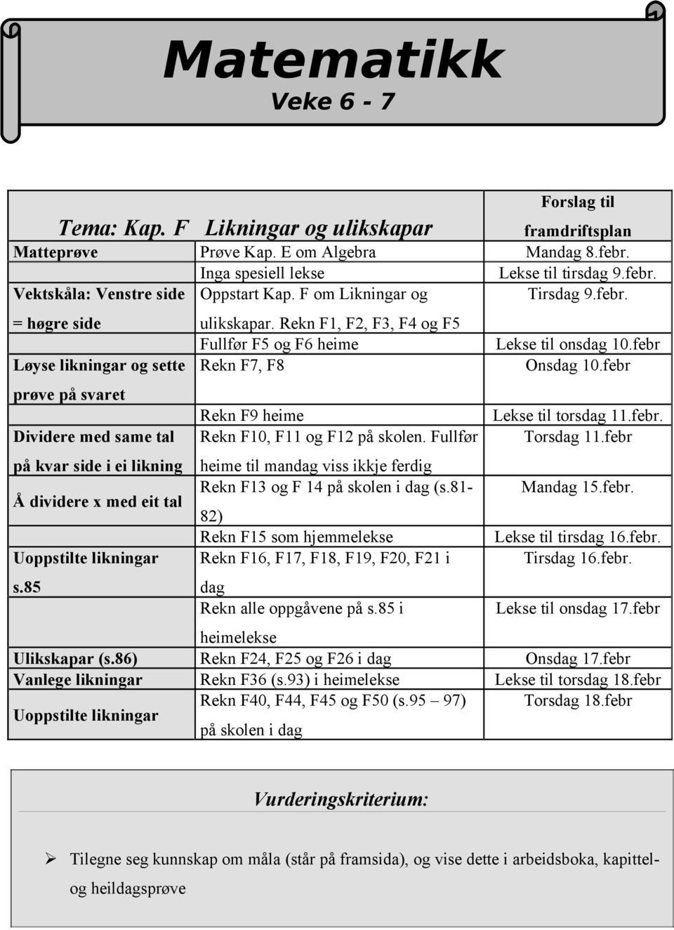 85 Ulikskapar (s.86) Vanlege likningar Uoppstilte likningar ulikskapar. Rekn F1, F2, F3, F4 og F5 Fullfør F5 og F6 heime Rekn F7, F8 Rekn F9 heime Rekn F10, F11 og F12 på skolen.