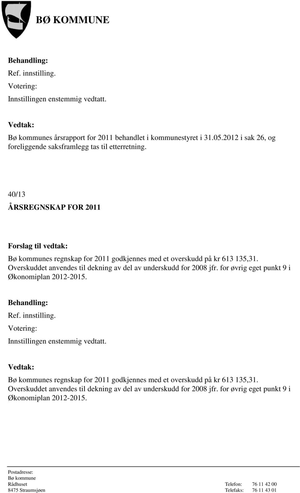 40/13 ÅRSREGNSKAP FOR 2011 Forslag til vedtak: s regnskap for 2011 godkjennes med et overskudd på kr 613 135,31.