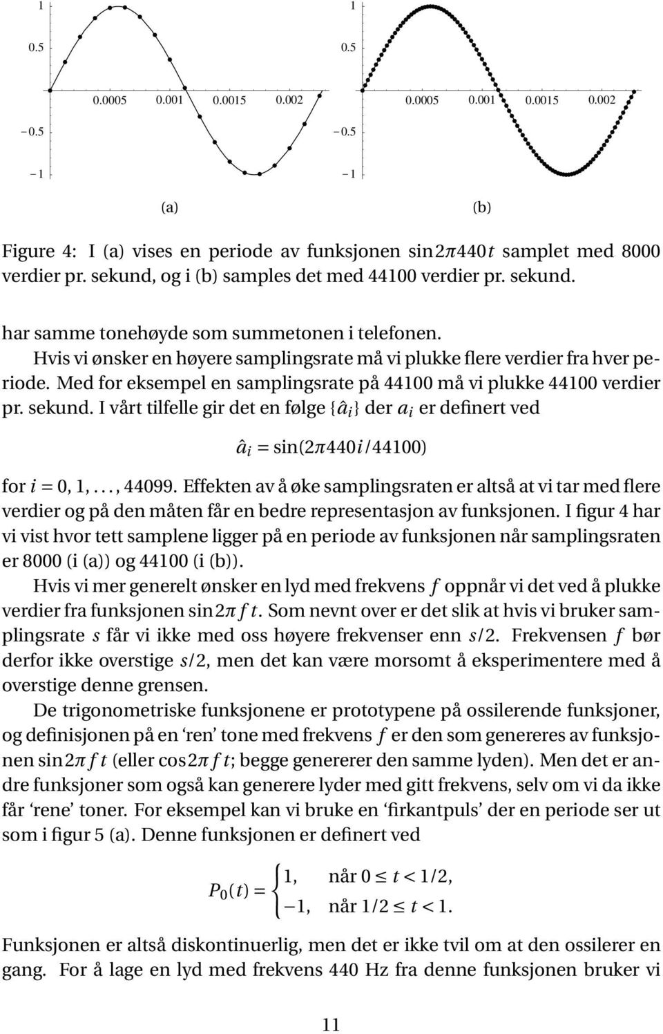 Med for eksempel en samplingsrate på 44100 må vi plukke 44100 verdier pr. sekund. I vårt tilfelle gir det en følge {â i } der a i er definert ved â i = sin(2π440i /44100) for i = 0, 1,..., 44099.