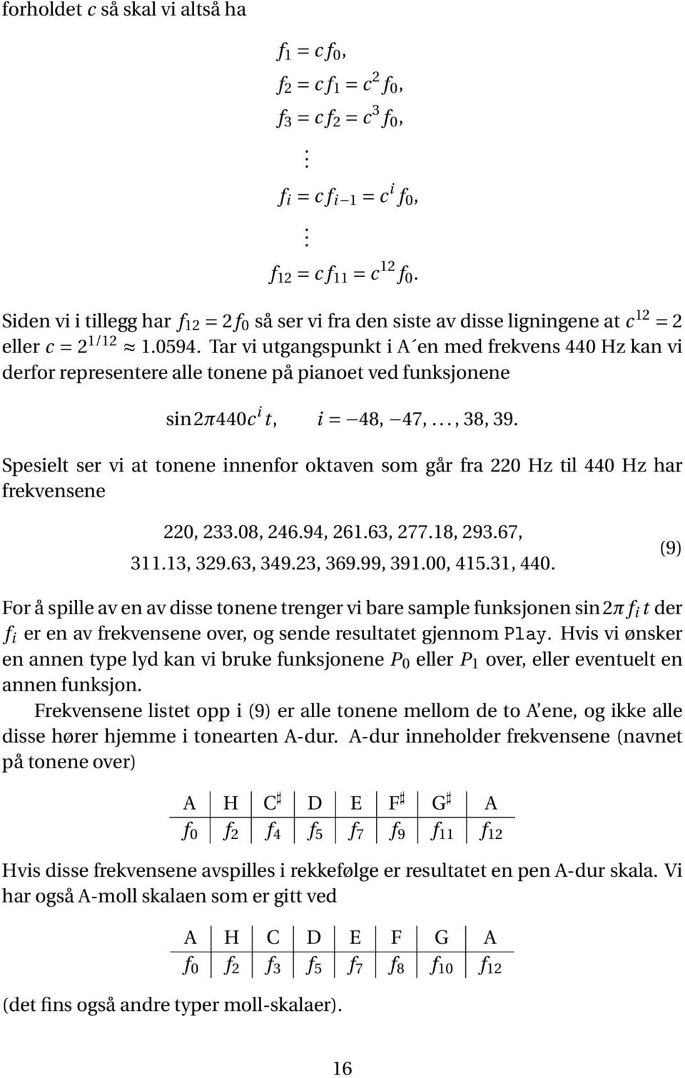 Tar vi utgangspunkt i A en med frekvens 440 Hz kan vi derfor representere alle tonene på pianoet ved funksjonene sin2π440c i t, i = 48, 47,..., 38, 39.