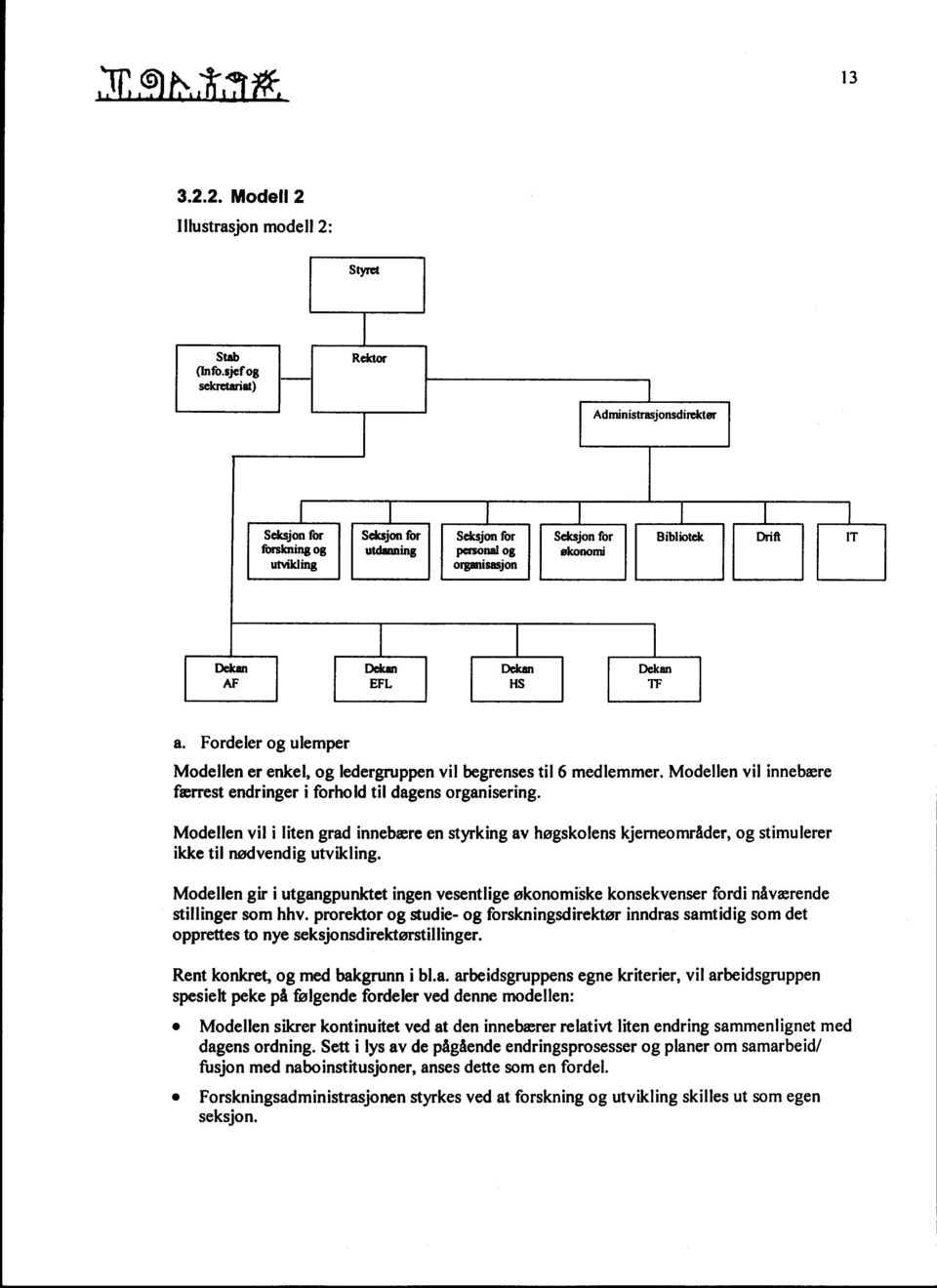 Seksjon for økonomi Bibliotek Drift IT AF Dekan EFL Dekan HS Dekan TF a. Fordeler og ulemper Modellen er enkel, og ledergruppen vil begrenses til 6 medlemmer.