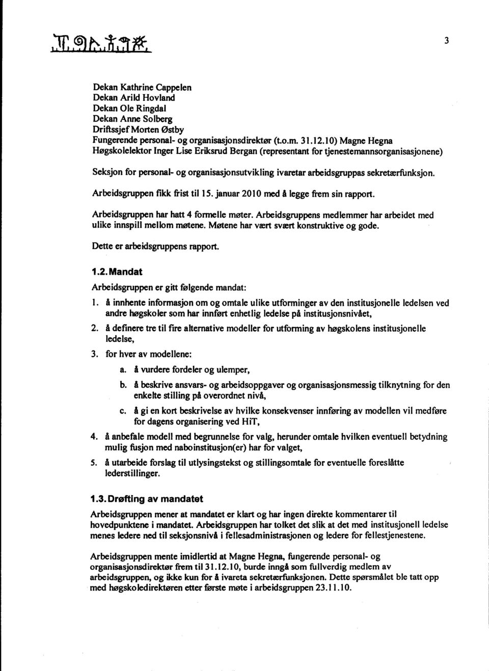 Arbeidsgruppen fikk frist til 15. januar 2010 med å legge frem sin rapport. Arbeidsgruppen har hatt 4 formelle møter. Arbeidsgruppens medlemmer har arbeidet med ulike innspill mellom møtene.