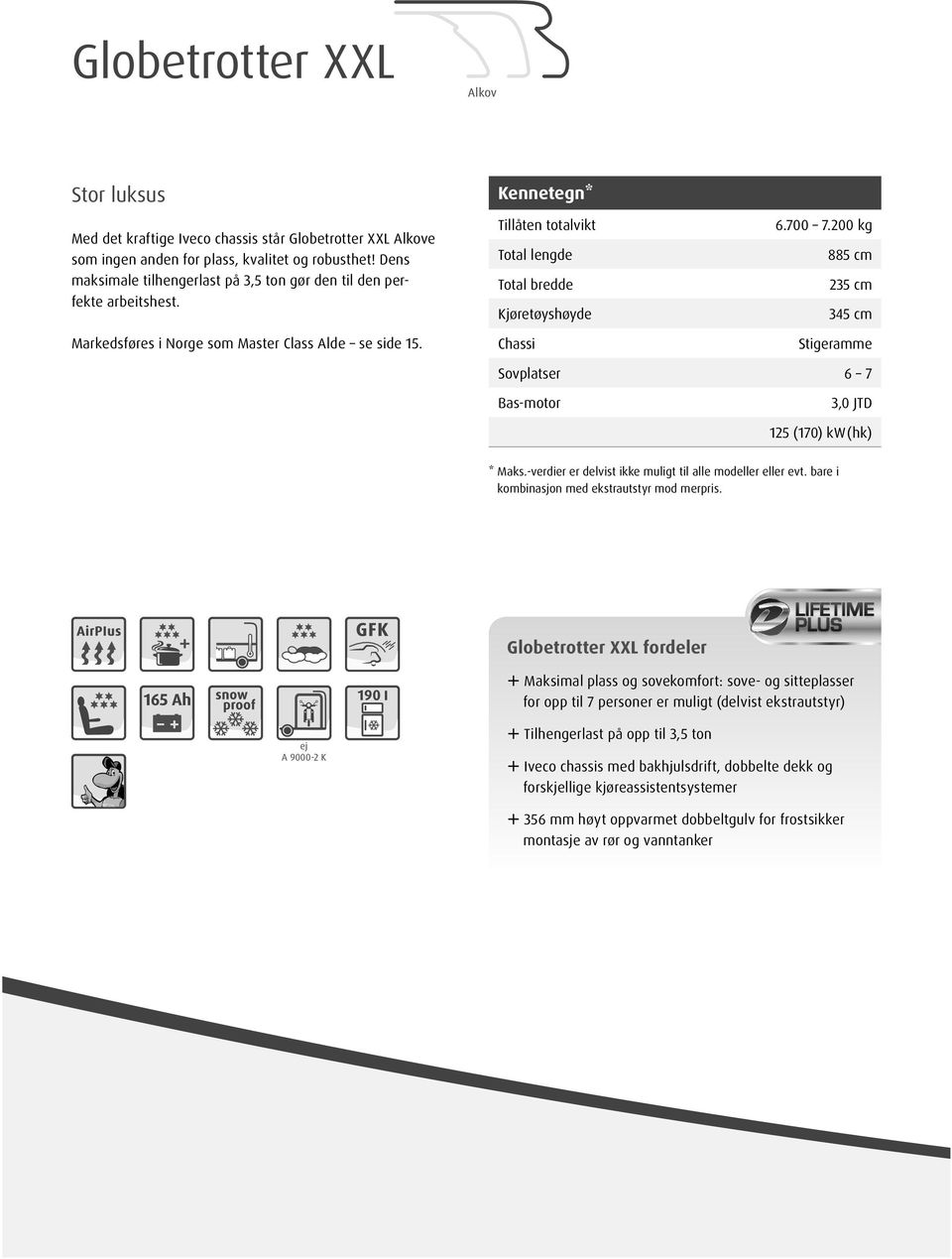 200 Total lengde 885 Total bredde 235 Kjøretøyshøyde 345 Chassi Stigeramme Sovplatser 6 7 Bas-motor 3,0 JTD 125 ( 170 ) kw (hk) * Maks.-verdier er delvist ikke muligt til alle modeller eller evt.
