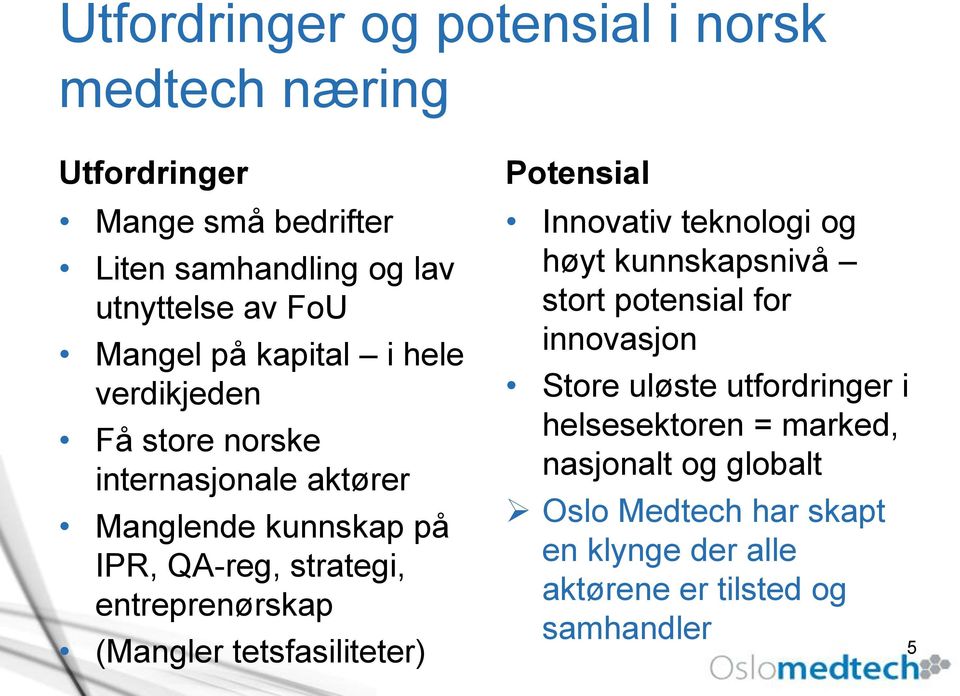 entreprenørskap (Mangler tetsfasiliteter) Potensial Innovativ teknologi og høyt kunnskapsnivå stort potensial for innovasjon Store