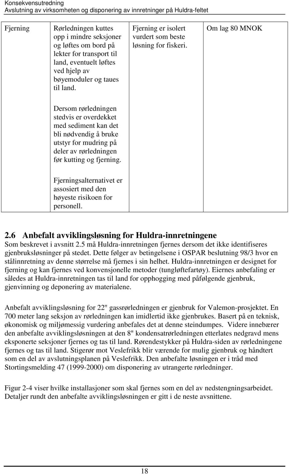 Om lag 80 MNOK Dersom rørledningen stedvis er overdekket med sediment kan det bli nødvendig å bruke utstyr for mudring på deler av rørledningen før kutting og fjerning.