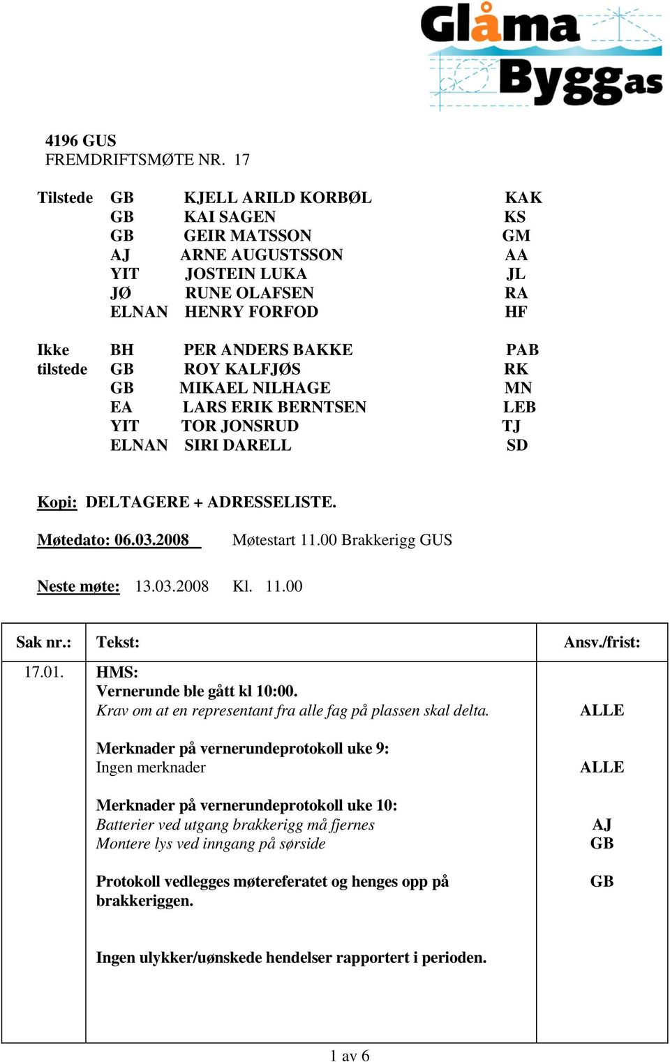 MIKAEL NILHAGE MN EA LARS ERIK BERNTSEN LEB YIT TOR JONSRUD TJ ELNAN SIRI DARELL SD Kopi: DELTAGERE + ADRESSELISTE. Møtedato: 06.03.2008 Møtestart 11.00 Brakkerigg GUS Neste møte: 13.03.2008 Kl. 11.00 Sak nr.