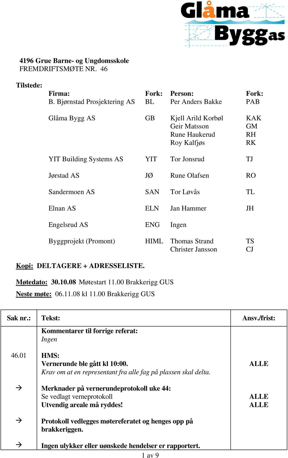 Rune Olafsen RO Sandermoen AS SAN Tor Løvås TL Elnan AS ELN Jan Hammer JH Engelsrud AS ENG Ingen Byggprojekt (Promont) HIML Thomas Strand Christer Jansson TS CJ Kopi: DELTAGERE + ADRESSELISTE.