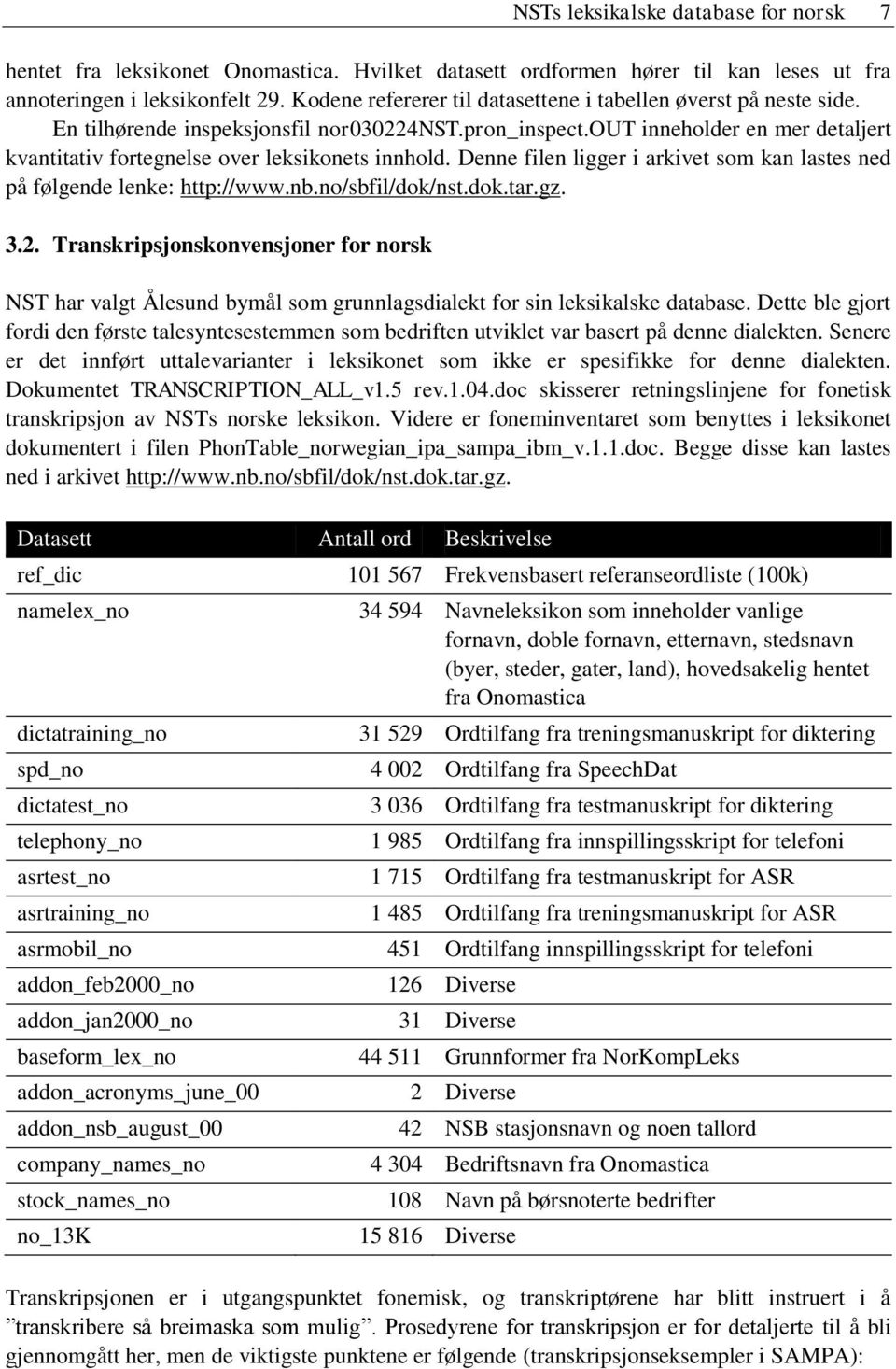 out inneholder en mer detaljert kvantitativ fortegnelse over leksikonets innhold. Denne filen ligger i arkivet som kan lastes ned på følgende lenke: http://www.nb.no/sbfil/dok/nst.dok.tar.gz. 3.2.