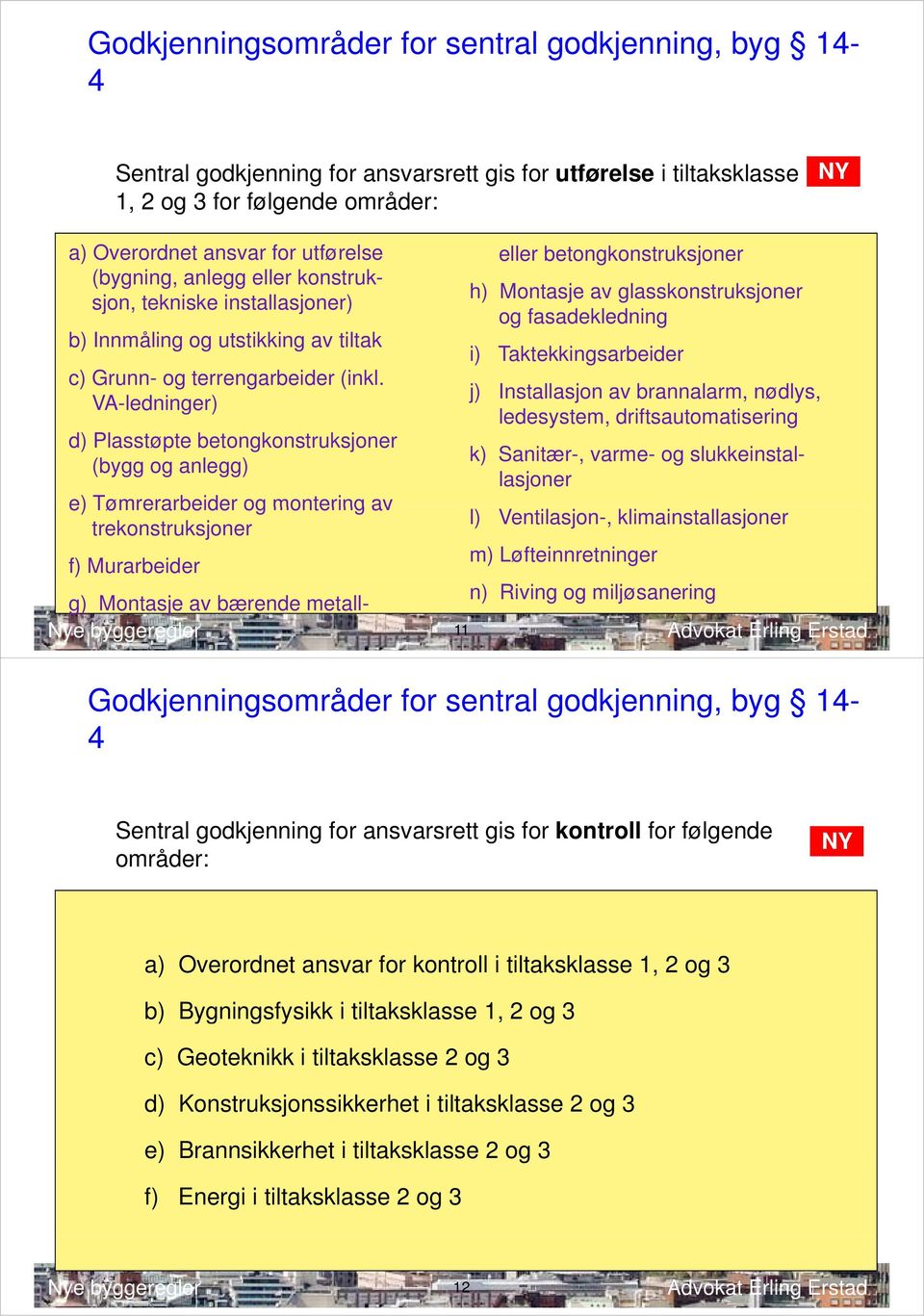 VA-ledninger) d) Plasstøpte t betongkonstruksjoner t k (bygg og anlegg) e) Tømrerarbeider og montering av trekonstruksjoner f) Murarbeider 11 a) Overordnet ansvar for utførelse (bygning, anlegg eller