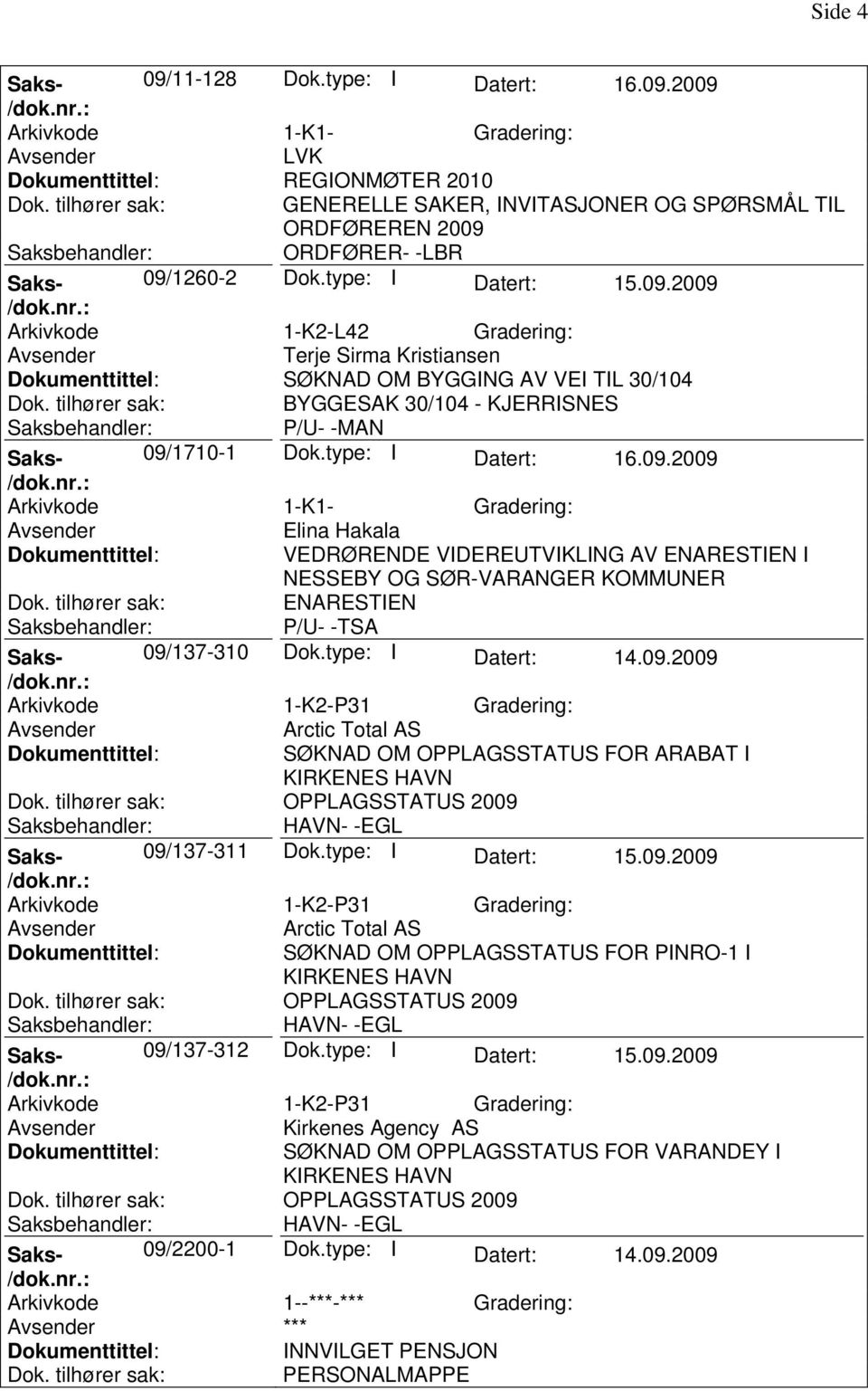 type: I Datert: 15.09.2009 Arkivkode 1-K2-P31 Gradering: Arctic Total AS SØKNAD OM OPPLAGSSTATUS FOR PINRO-1 I KIRKENES HAVN OPPLAGSSTATUS 2009 HAVN- -EGL Saks- 09/137-312 Dok.type: I Datert: 15.09.2009 Arkivkode 1-K2-P31 Gradering: Kirkenes Agency AS SØKNAD OM OPPLAGSSTATUS FOR VARANDEY I KIRKENES HAVN OPPLAGSSTATUS 2009 HAVN- -EGL Saks- 09/2200-1 Dok.