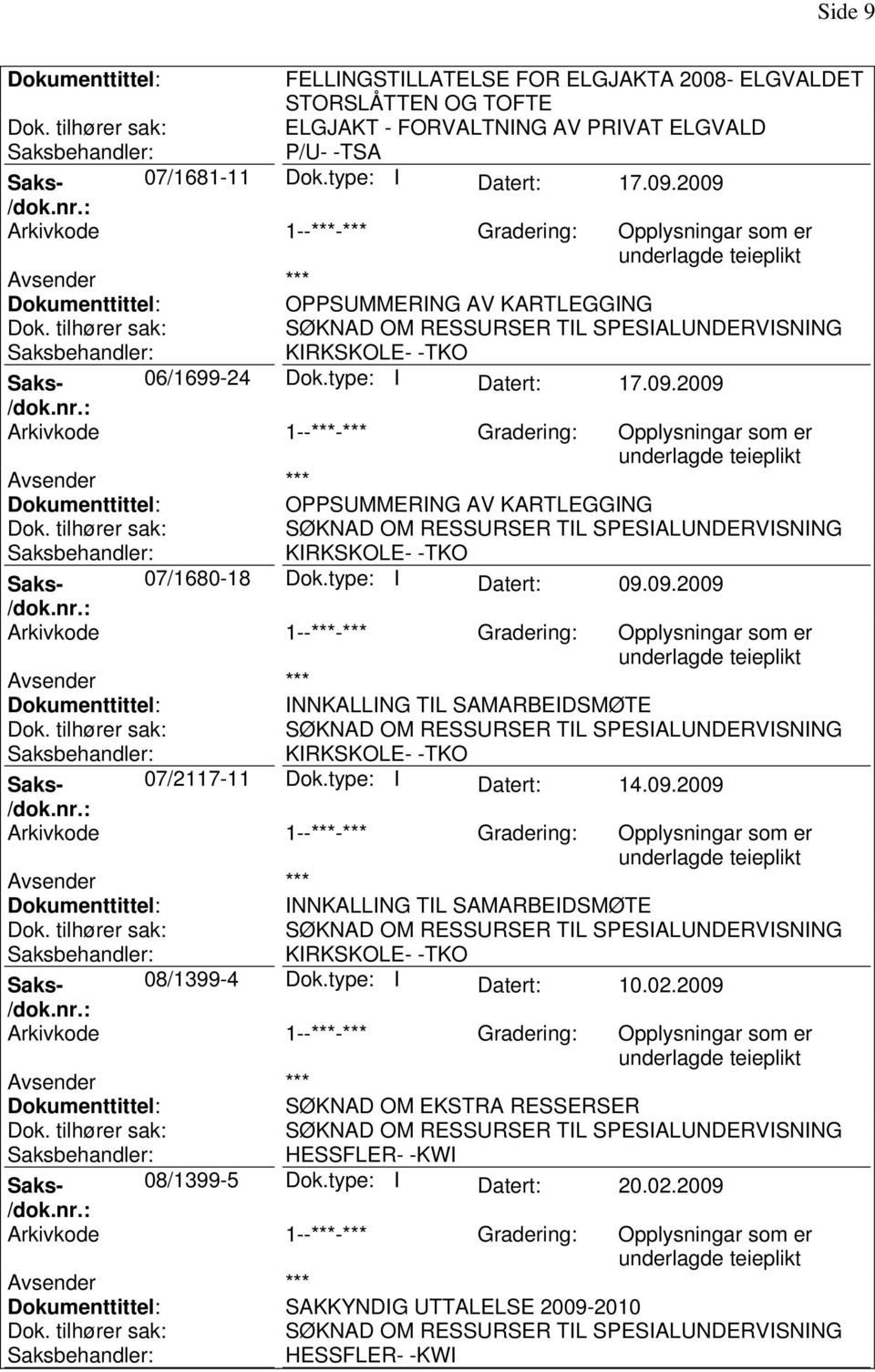 type: I Datert: 09.09.2009 *** INNKALLING TIL SAMARBEIDSMØTE KIRKSKOLE- -TKO Saks- 07/2117-11 Dok.type: I Datert: 14.09.2009 *** INNKALLING TIL SAMARBEIDSMØTE KIRKSKOLE- -TKO Saks- 08/1399-4 Dok.