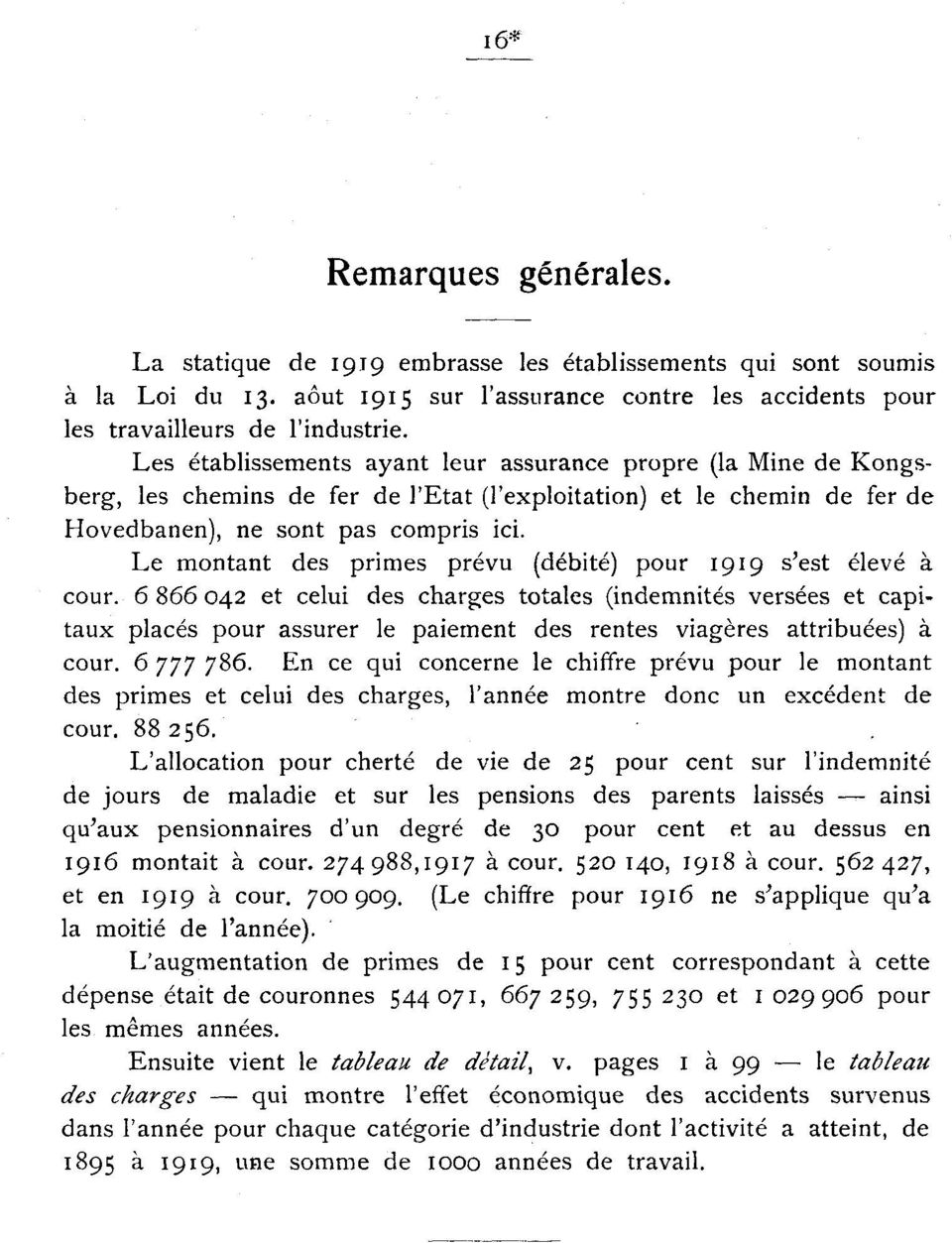 Le montant des primes prévu (débité) pour s'est élevé à. cour. 6 866 042 et celui des charges totales (indemnités versées et capitaux placés pour assurer le paiement des rentes viagères attribuées) à.