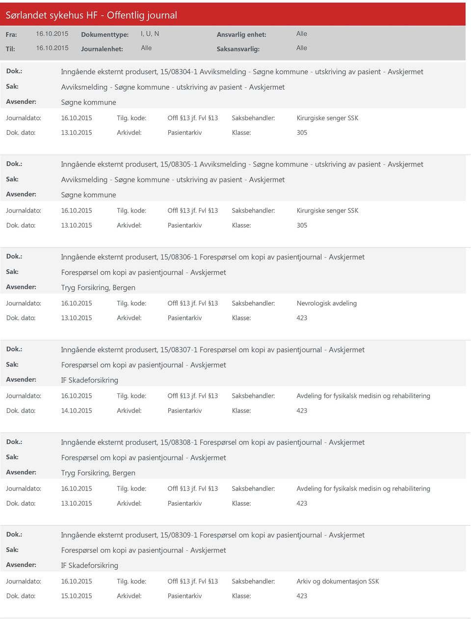 2015 Arkivdel: Pasientarkiv 305 Inngående eksternt produsert, 15/08305-1 Avviksmelding - Søgne kommune - utskriving av pasient - Avviksmelding - Søgne kommune - utskriving av pasient - Søgne kommune