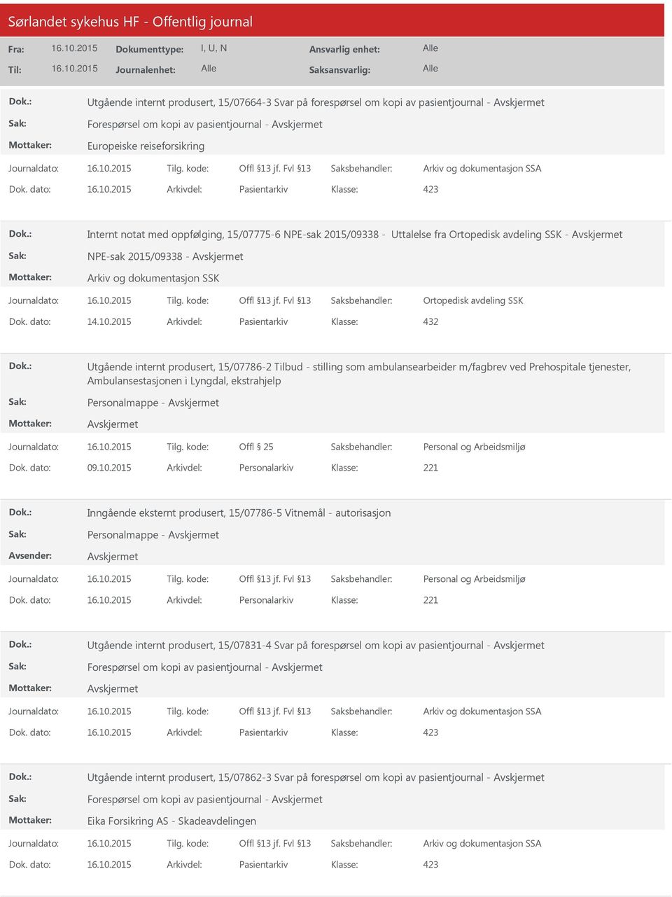 2015 Arkivdel: Pasientarkiv Utgående internt produsert, 15/07786-2 Tilbud - stilling som ambulansearbeider m/fagbrev ved Prehospitale tjenester, Ambulansestasjonen i Lyngdal, ekstrahjelp