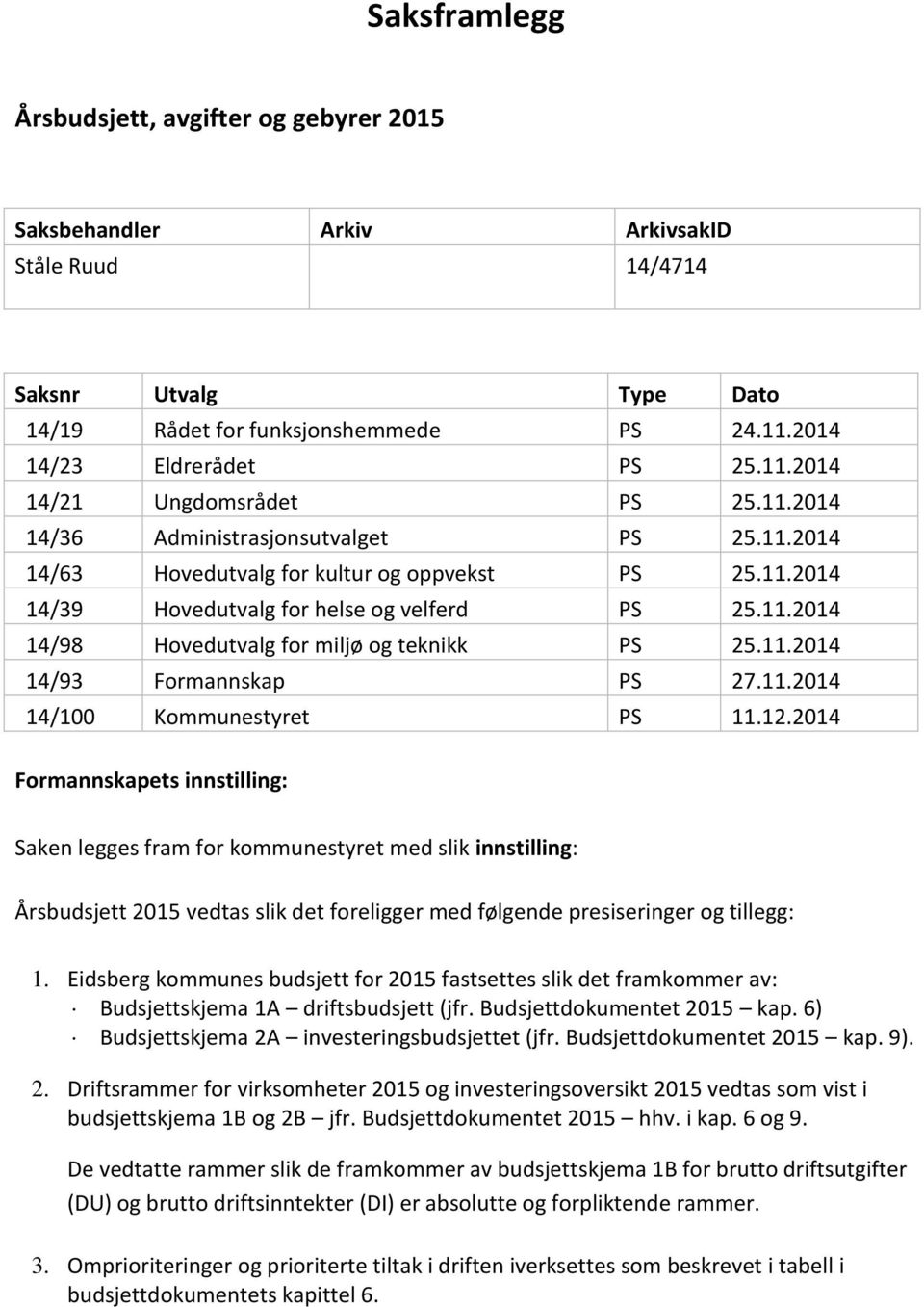 11.2014 14/93 Formannskap PS 27.11.2014 14/100 Kommunestyret PS 11.12.