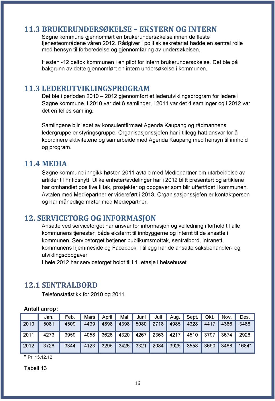 Det ble på bakgrunn av dette gjennomført en intern undersøkelse i kommunen. 11.3 LEDERUTVIKLINGSPROGRAM Det ble i perioden 2010 2012 gjennomført et lederutviklingsprogram for ledere i Søgne kommune.