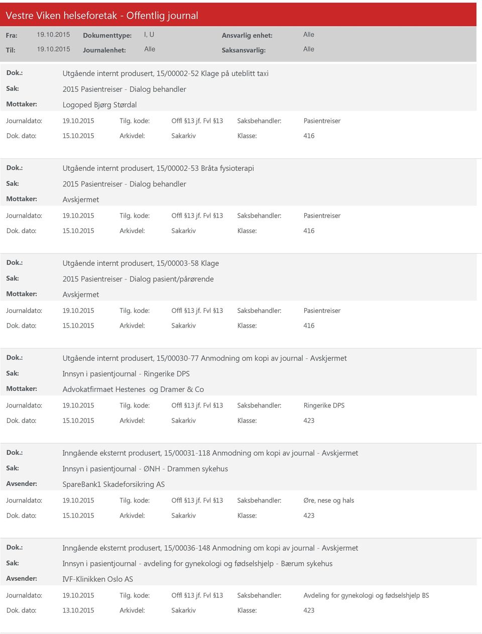 15/00030-77 Anmodning om kopi av journal - Innsyn i pasientjournal - Ringerike DPS Advokatfirmaet Hestenes og Dramer & Co Ringerike DPS 423 Inngående eksternt produsert, 15/00031-118 Anmodning om