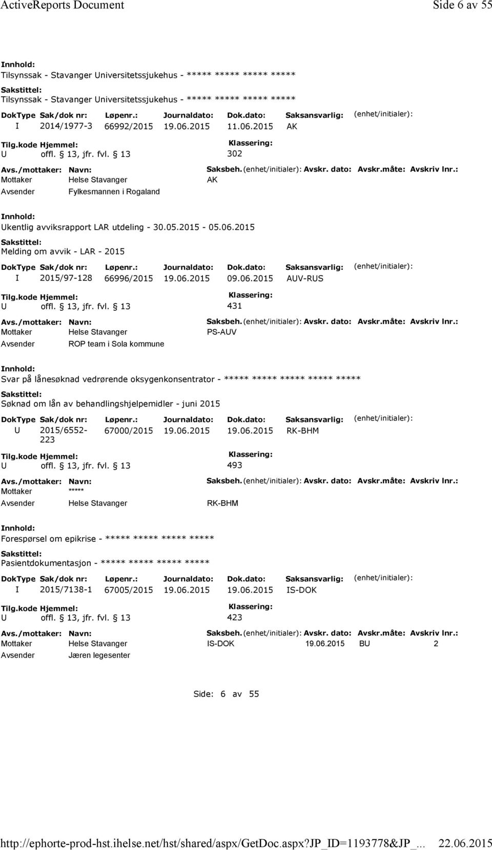 2015 AK 302 Fylkesmannen i Rogaland Saksbeh. Avskr. dato: Avskr.måte: Avskriv lnr.: AK kentlig avviksrapport LAR utdeling - 30.05.2015-05.06.