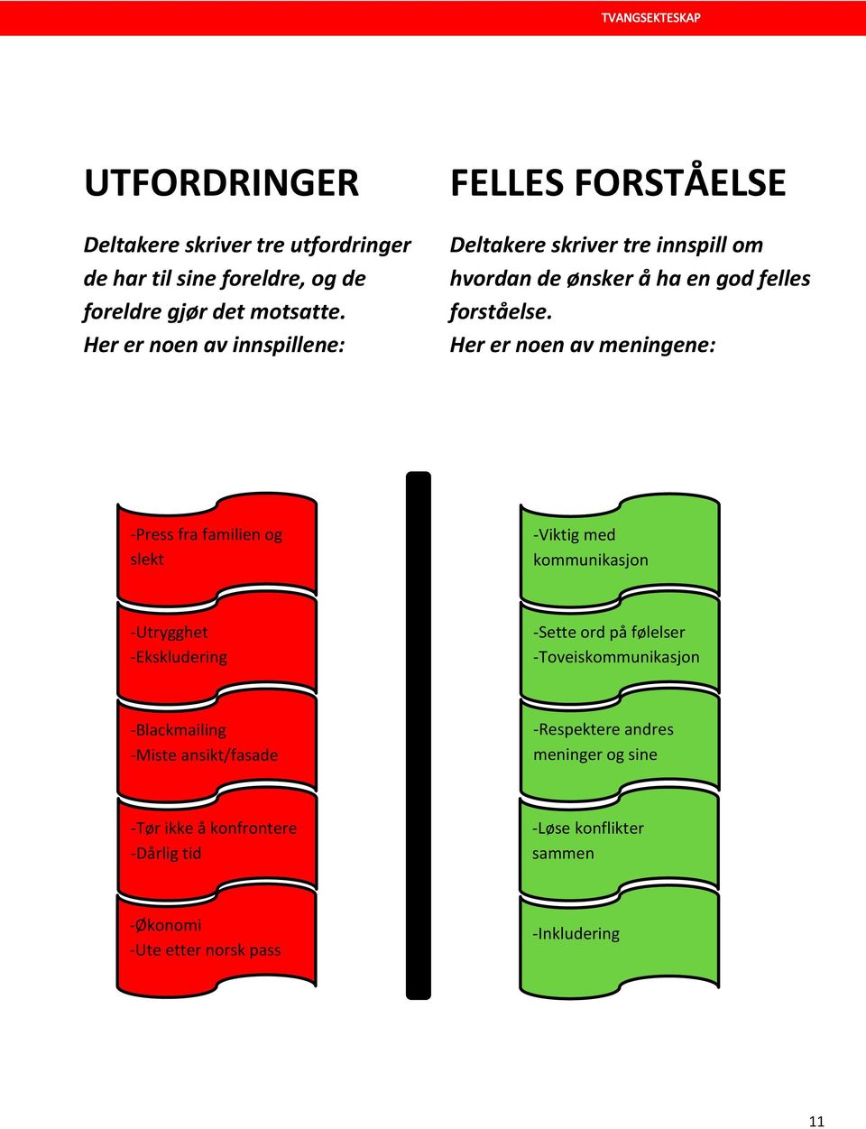 Her er noen av meningene: -Press fra familien og slekt -Viktig med kommunikasjon -Utrygghet -Ekskludering -Sette ord på følelser