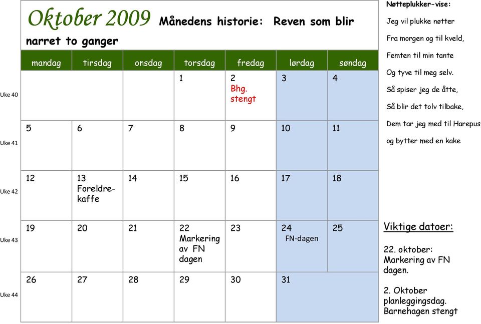 Så spiser jeg de åtte, Så blir det tolv tilbake, Dem tar jeg med til Harepus og bytter med en kake Uke 42 12 13 Foreldrekaffe 14 15 16 17 18 Uke 43