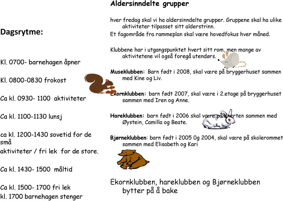 0930-1100 aktiviteter Klubbene har i utgangspunktet hvert sitt rom, men mange av aktivitetene vil også foregå utendørs. Museklubben: Barn født i 2008, skal være på bryggerhuset sammen med Kine og Liv.