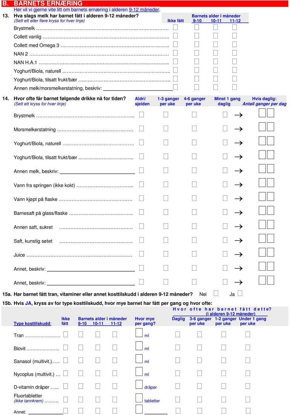 .... Yoghurt/Biola, tilsatt frukt/bær.... Annen melk/morsmelkerstatning, beskriv: 14. Hvor ofte får barnet følgende drikke nå for tiden?