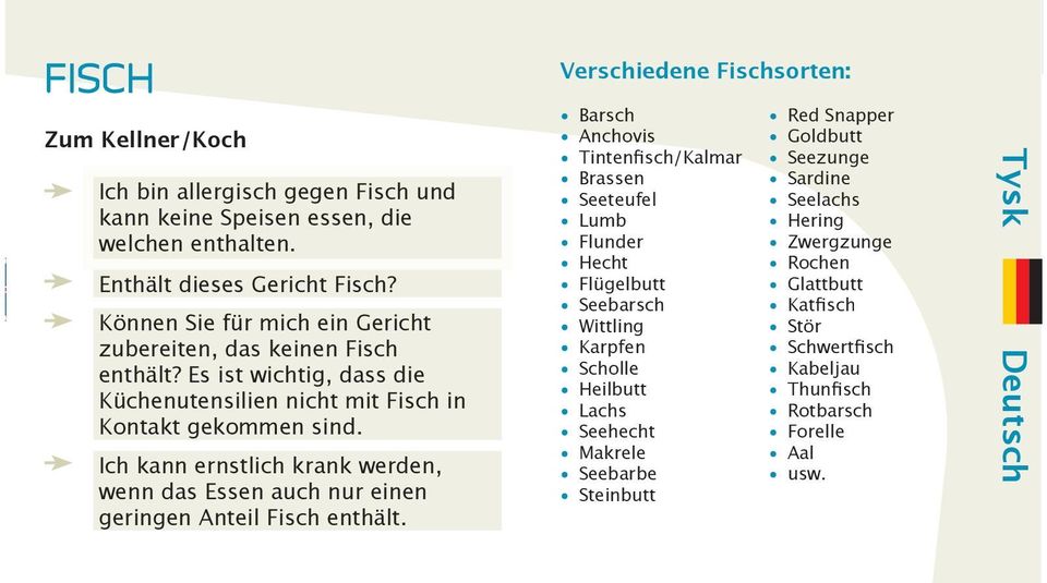 Es st wchtg, dass de Küchenutenslen ncht mt Fsch n Kontakt gekommen snd Ich n nstlch krank wden, wenn das Essen auch nur enen gngen Antel Fsch enthält Vschedene