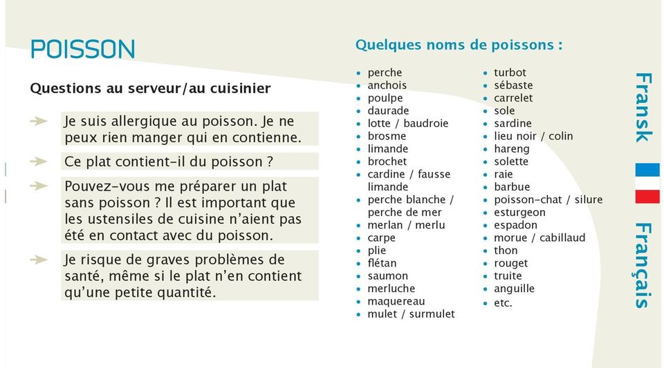 Quelques noms de possons : pche anchos poulpe daurade lotte / baudroe lmande brochet cardne / fausse lmande pche blanche / pche de m mlan / mlu carpe ple flétan saumon mluche