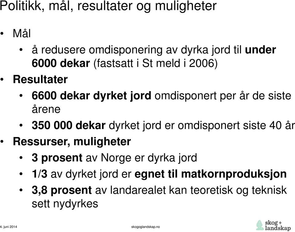 dekar dyrket jord er omdisponert siste 40 år Ressurser, muligheter 3 prosent av Norge er dyrka jord 1/3