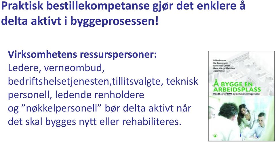 Virksomhetens ressurspersoner: Ledere, verneombud,