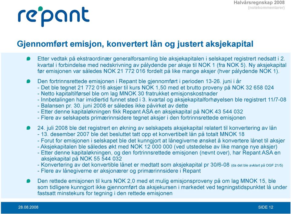 Den fortrinnsrettede emisjonen i Repant ble gjennomført i perioden 13-26.