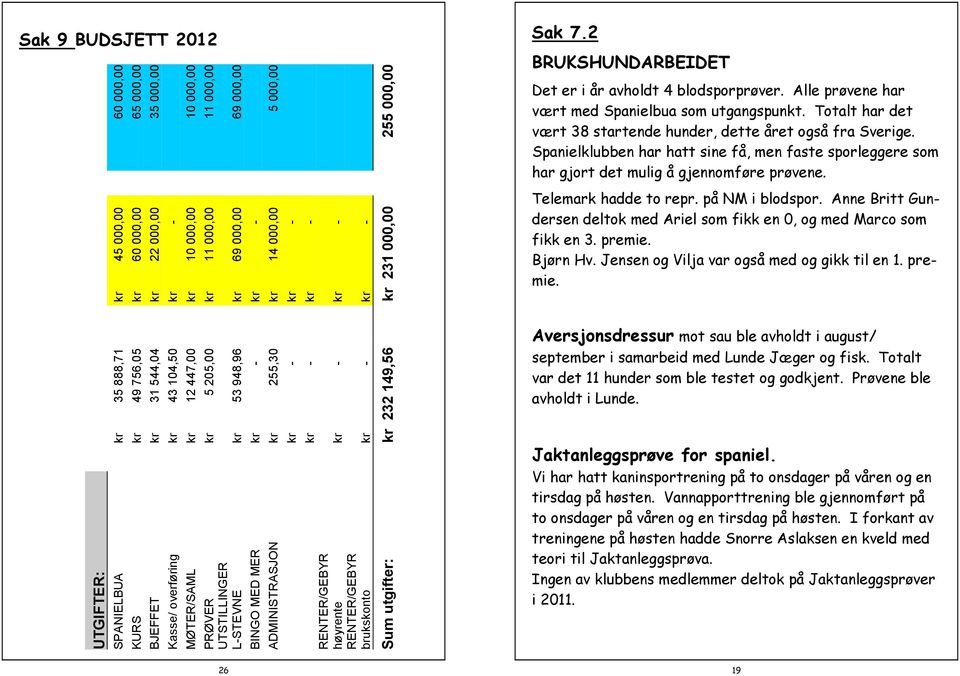 000,00 kr - kr - kr - kr - RENTER/GEBYR høyrente kr - kr - RENTER/GEBYR brukskonto kr - kr - Sum utgifter: kr 232 149,56 kr 231 000,00 255 000,00 Sak 9 BUDSJETT 2012 Sak 7.