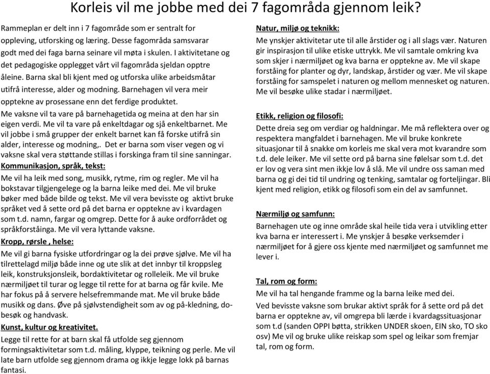 Barna skal bli kjent med og utforska ulike arbeidsmåtar utifrå interesse, alder og modning. Barnehagen vil vera meir opptekne av prosessane enn det ferdige produktet.