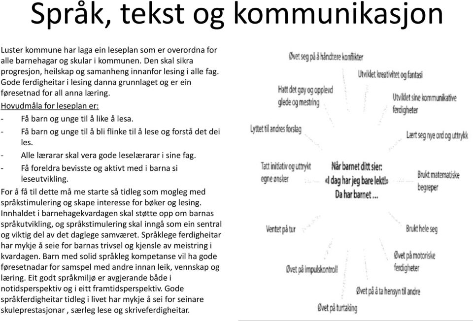 Hovudmåla for leseplan er: - Få barn og unge til å like å lesa. - Få barn og unge til å bli flinke til å lese og forstå det dei les. - Alle lærarar skal vera gode leselærarar i sine fag.