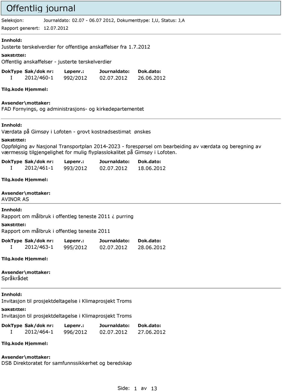 av værdata og beregning av værmessig tilgjengelighet for mulig flyplasslokalitet på Gimsøy i Lofoten. 2012/461-1 993/2012 18.06.