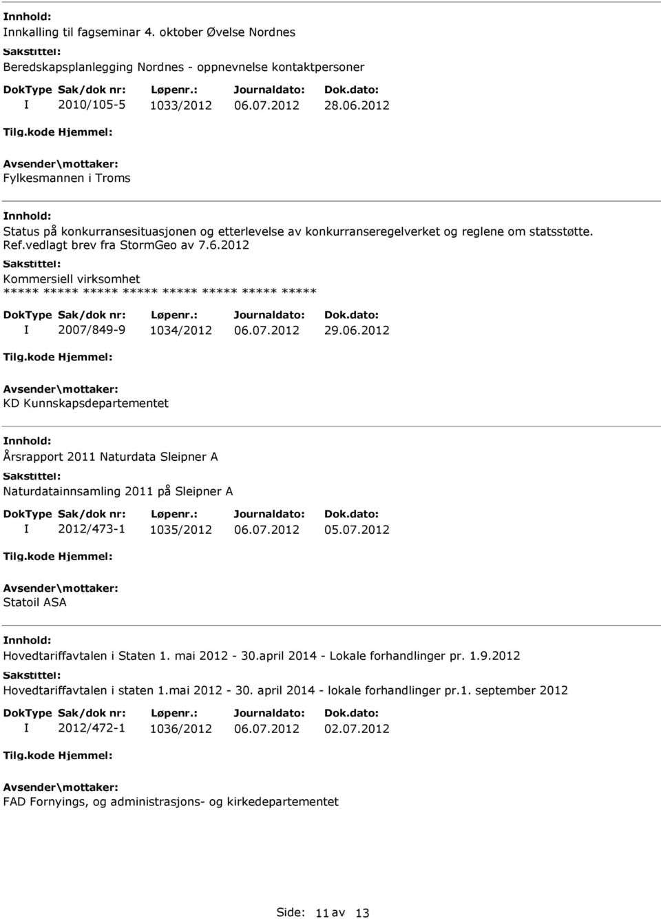 2012 Kommersiell virksomhet ***** ***** ***** ***** ***** ***** ***** ***** 2007/849-9 1034/2012 KD Kunnskapsdepartementet Årsrapport 2011 Naturdata Sleipner A Naturdatainnsamling 2011 på Sleipner A