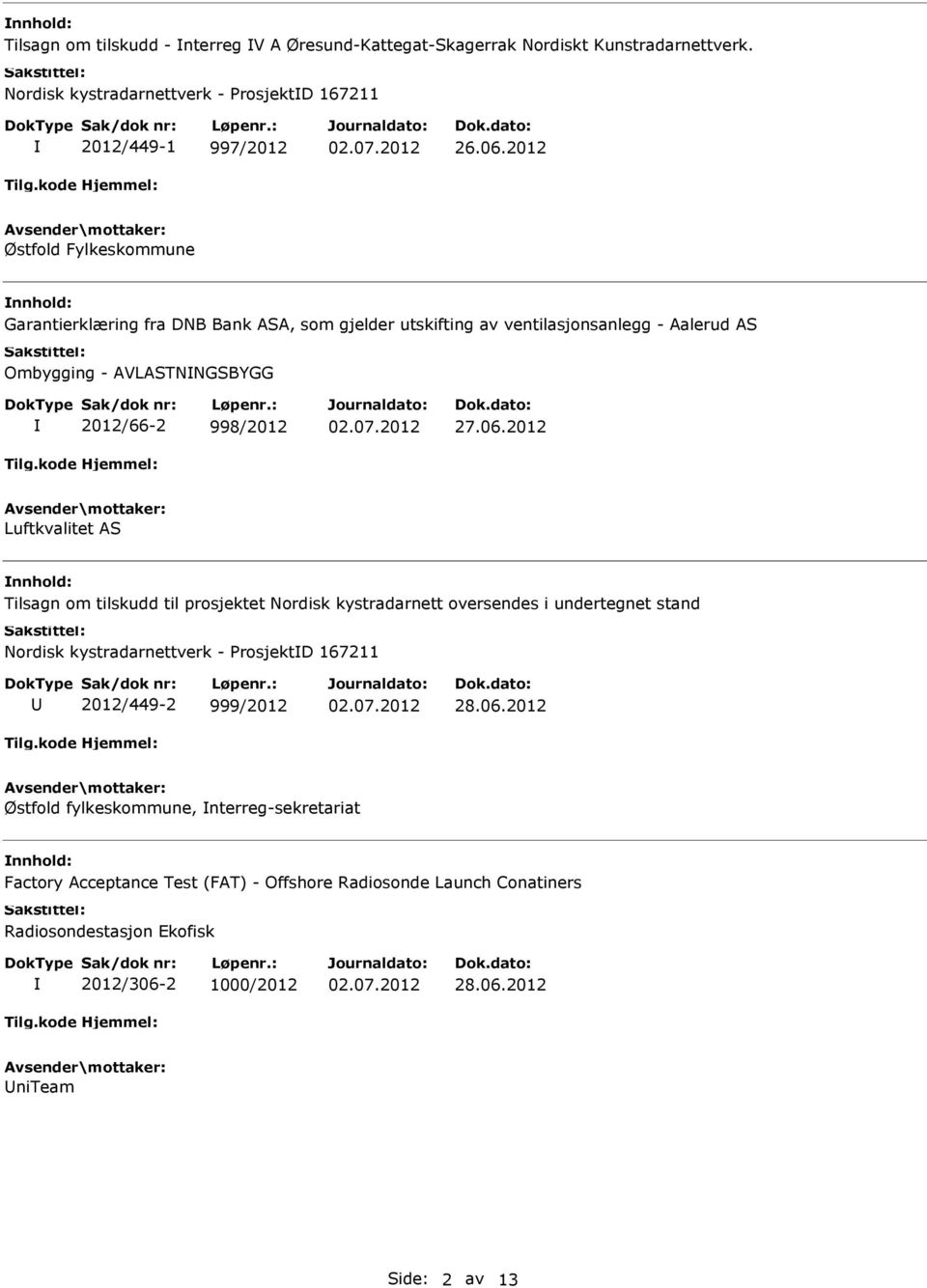 2012 Luftkvalitet AS Tilsagn om tilskudd til prosjektet Nordisk kystradarnett oversendes i undertegnet stand Nordisk kystradarnettverk - rosjektd 167211 2012/449-2 999/2012 28.