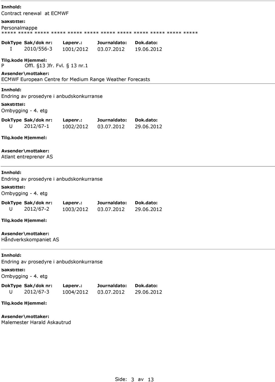 etg 2012/67-1 1002/2012 Atlant entreprenør AS Endring av prosedyre i anbudskonkurranse Ombygging - 4.