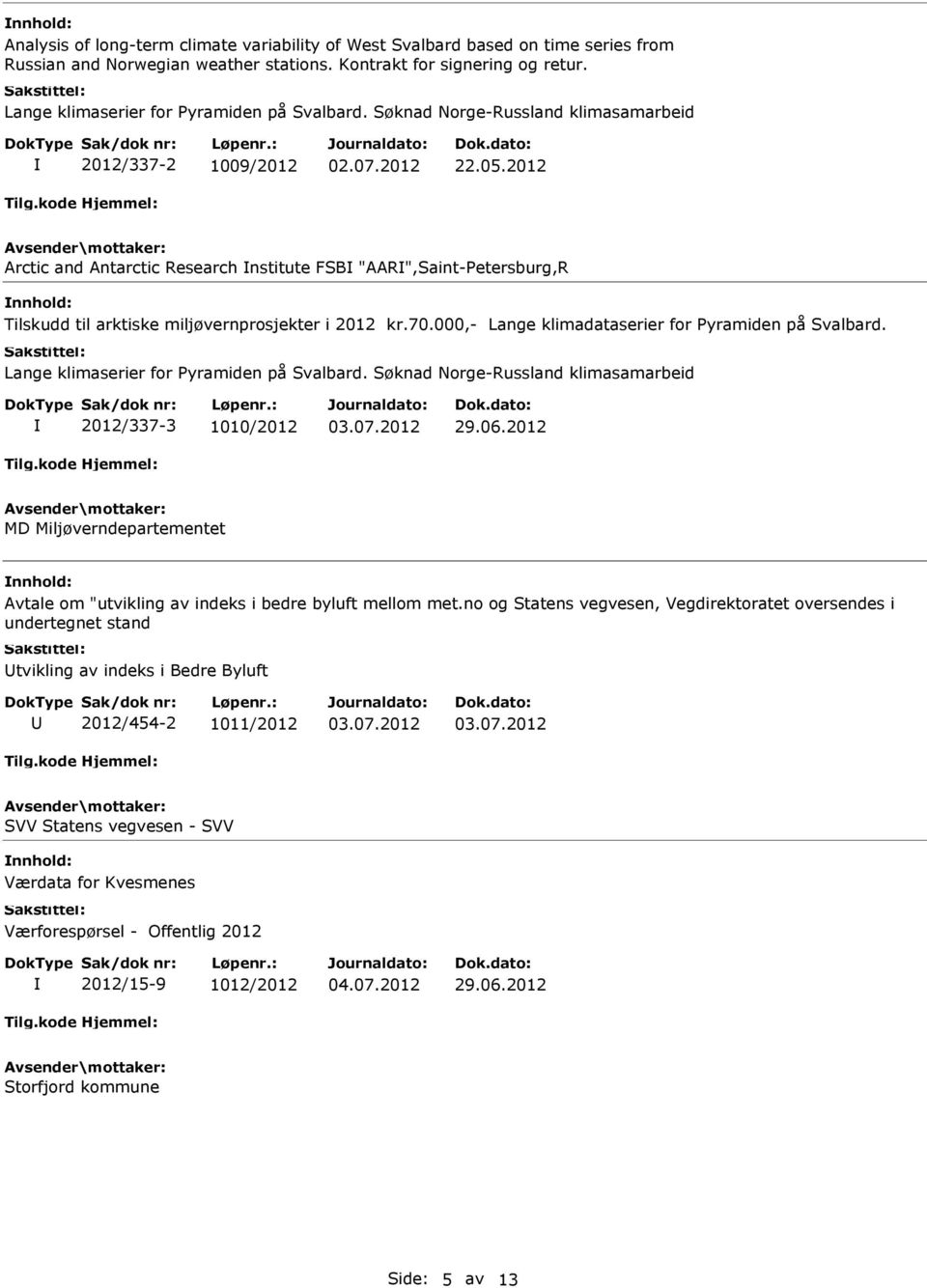 2012 Arctic and Antarctic Research nstitute FSB "AAR",Saint-etersburg,R Tilskudd til arktiske miljøvernprosjekter i 2012 kr.70.000,- Lange klimadataserier for yramiden på Svalbard.